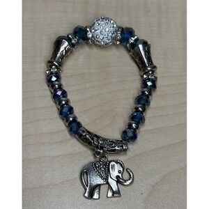 Blue Crystal Beaded Stretch‎ Bracelet Elephant Charm Silver Tone Boho